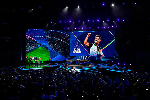 2024-25 UEFA Champions League Draw: A picture of Cristiano Ronaldo, the all-time leading goalscorer in the Champions League, is shown on the screen